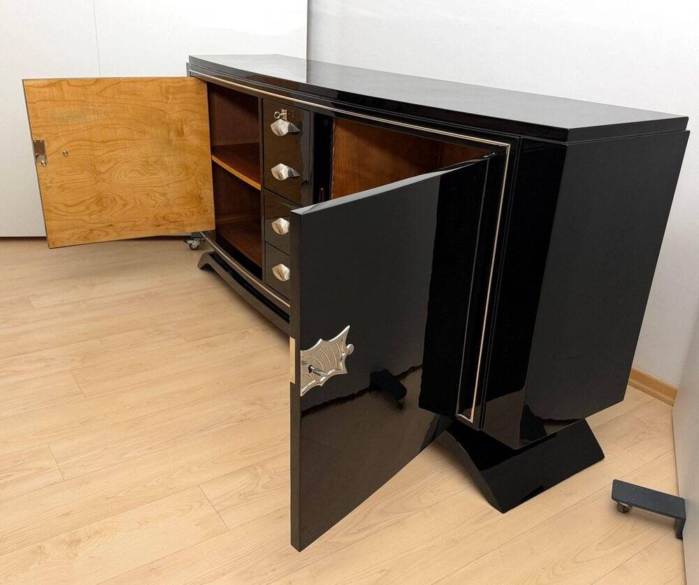 Art Deco Sideboard in Black Lacquer, Maple & Chrome, France, 1930
