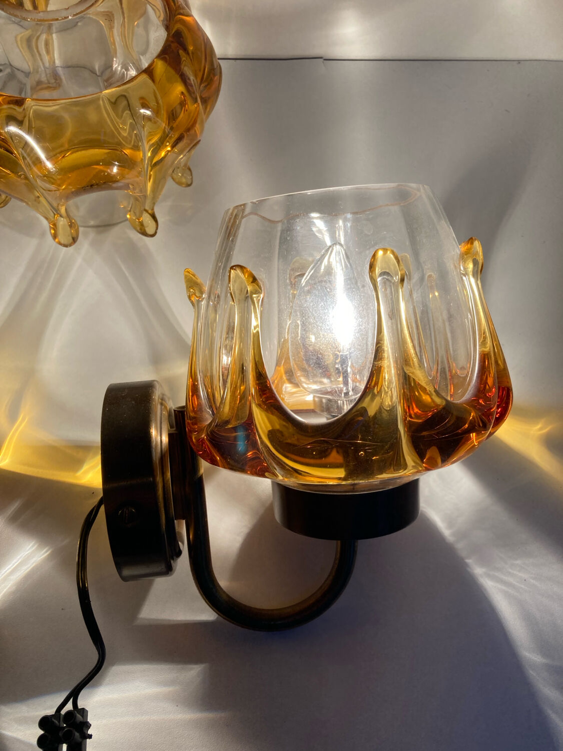 Pair of Murano glass wall sconces, vintage Italian 70s.