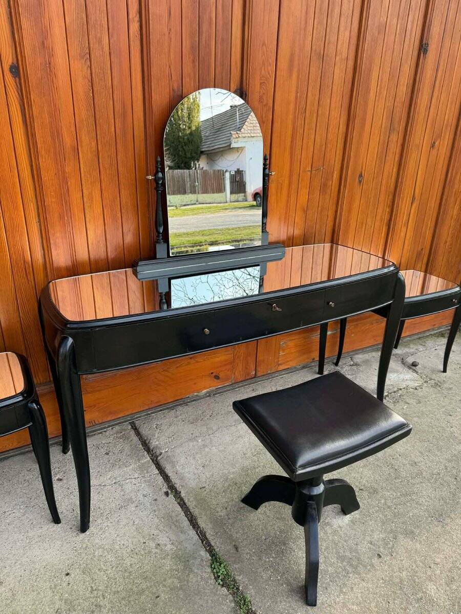 Art Deco French Black Dressing Table, Chair &amp; Nightstands, Set of 4