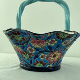 Large earthenware basket, Longwy enamels, turquoise blue cloisonné, twisted handle, stamp