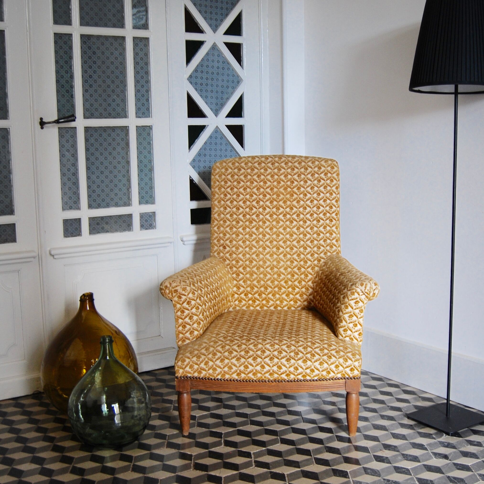 Armchair studded velvet damask vintage English