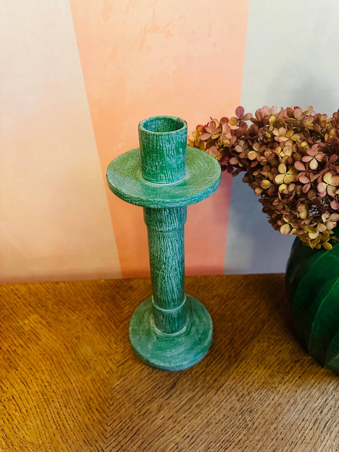 Vintage green wooden candle holder