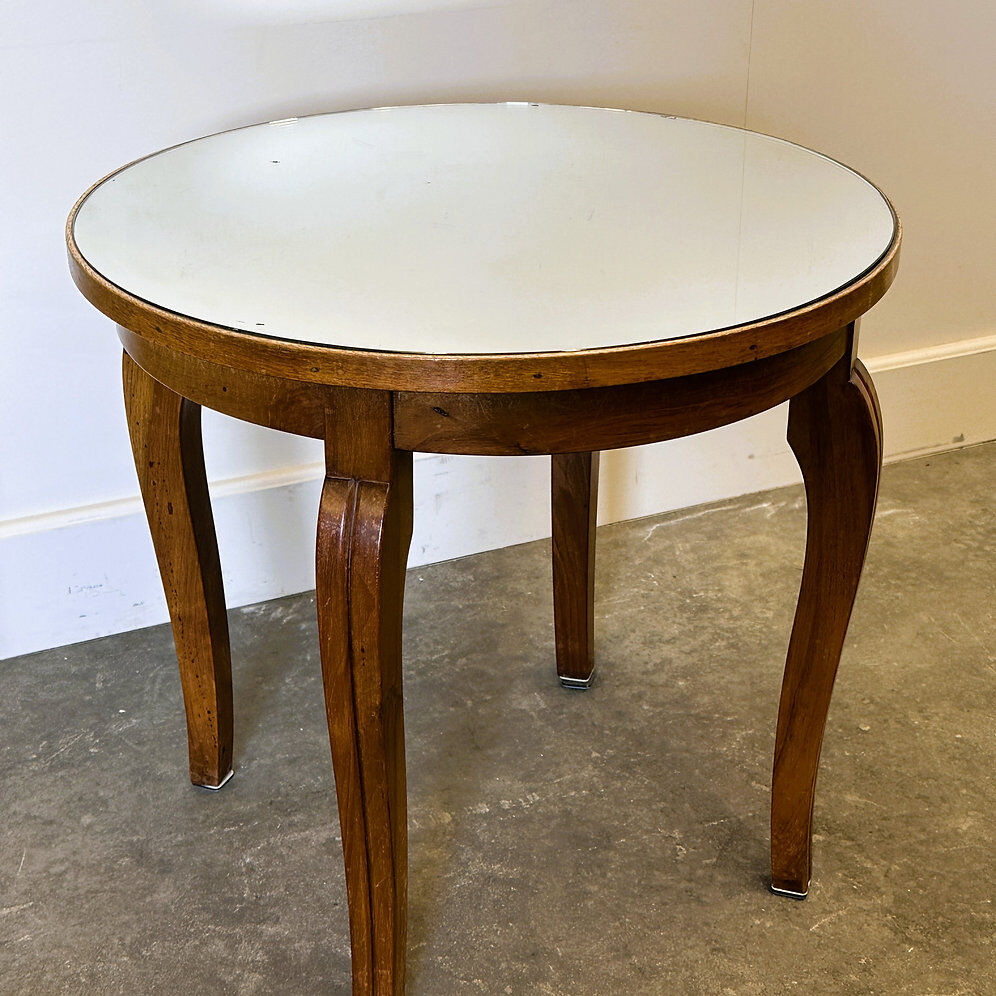 French Art Deco side table, 1930s vintage round wooden table with mirrored top