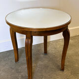 French Art Deco side table, 1930s vintage round wooden table with mirrored top
