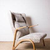 High armchair in curved beech and recent konkav fabric model by paul bode for federholz.