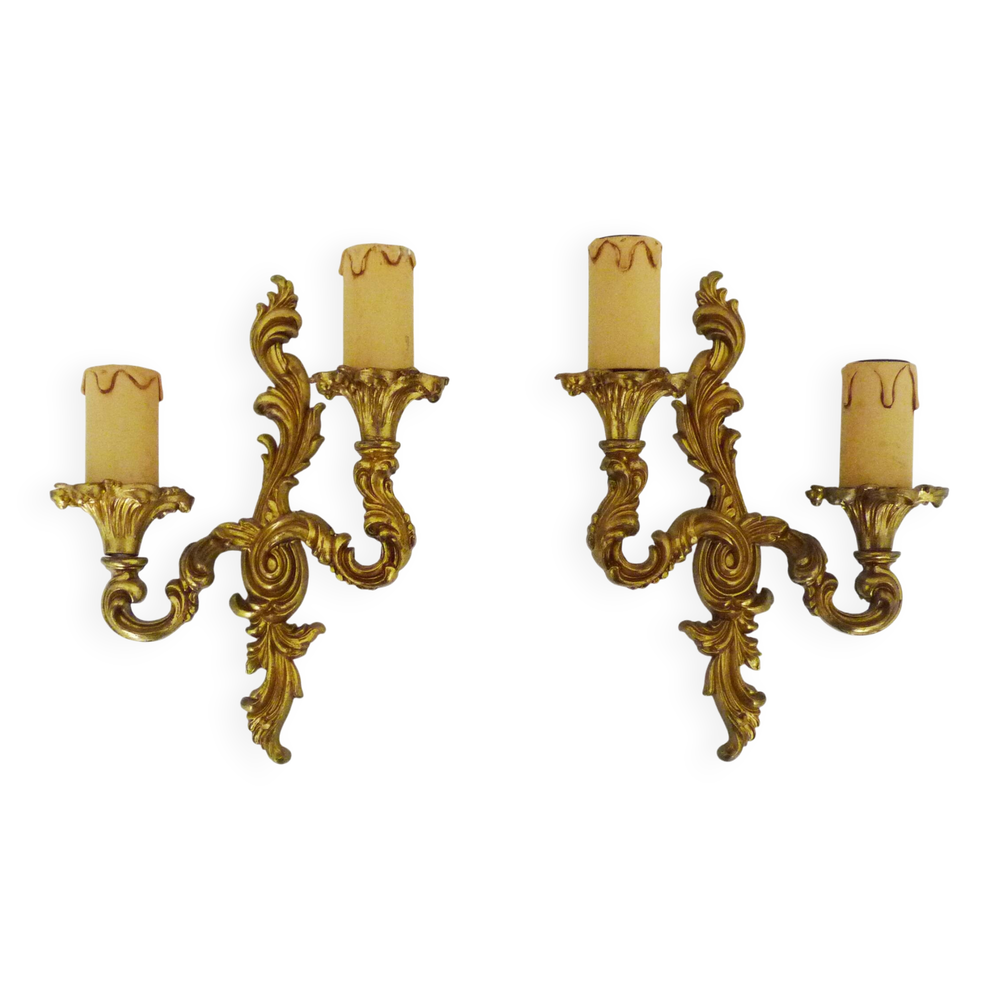 Antique pair of double-light brass wall sconces, 1960s
