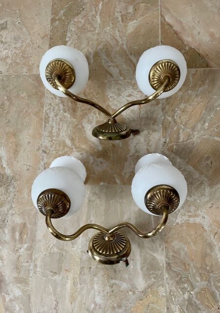 Duo of vintage neoclassical brass wall lamps 1960