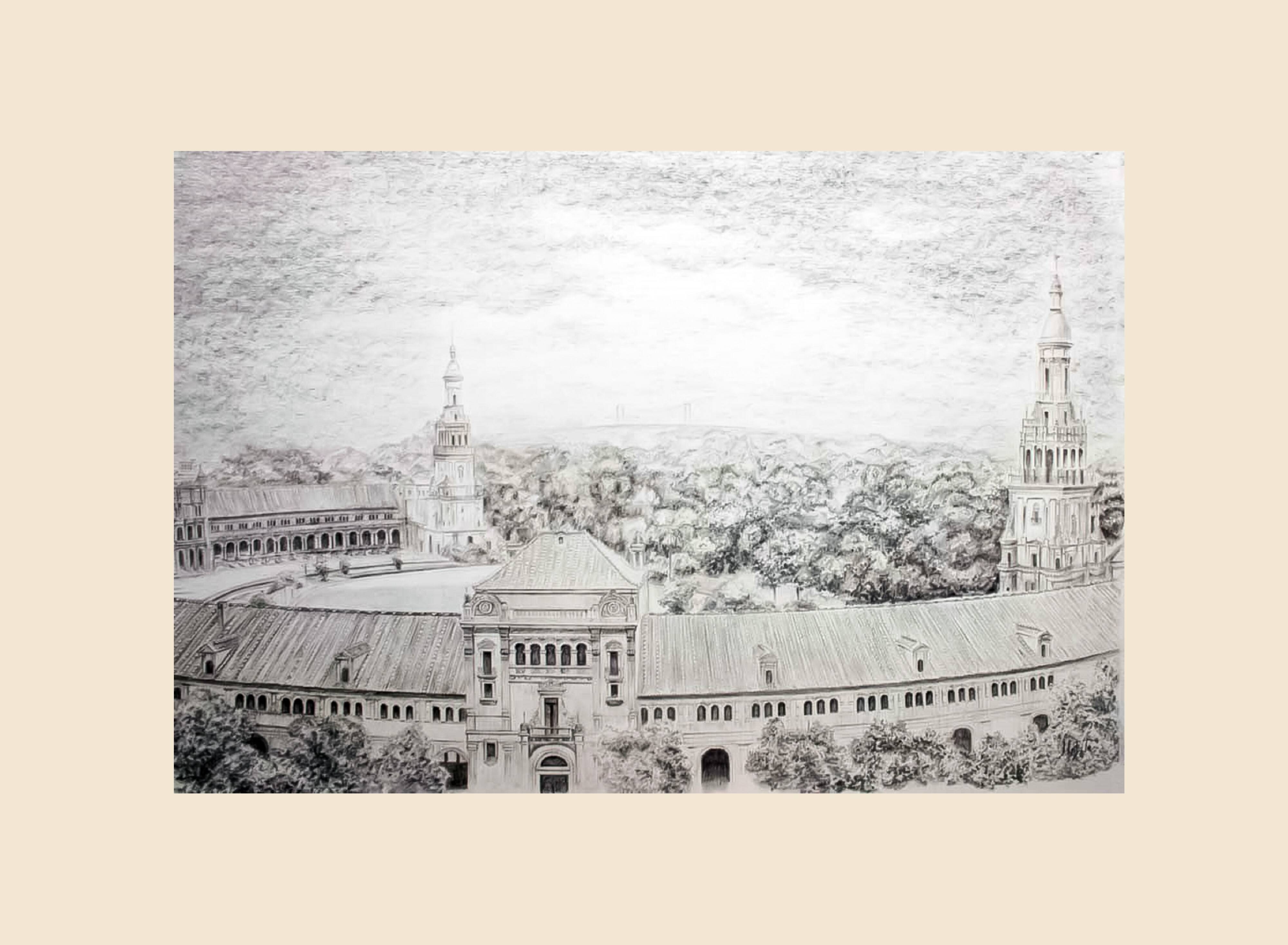 Plaza de España in Seville. Charcoal and graphite drawing. Seville Plaza de España.