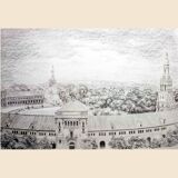 Plaza de España in Seville. Charcoal and graphite drawing. Seville Plaza de España.