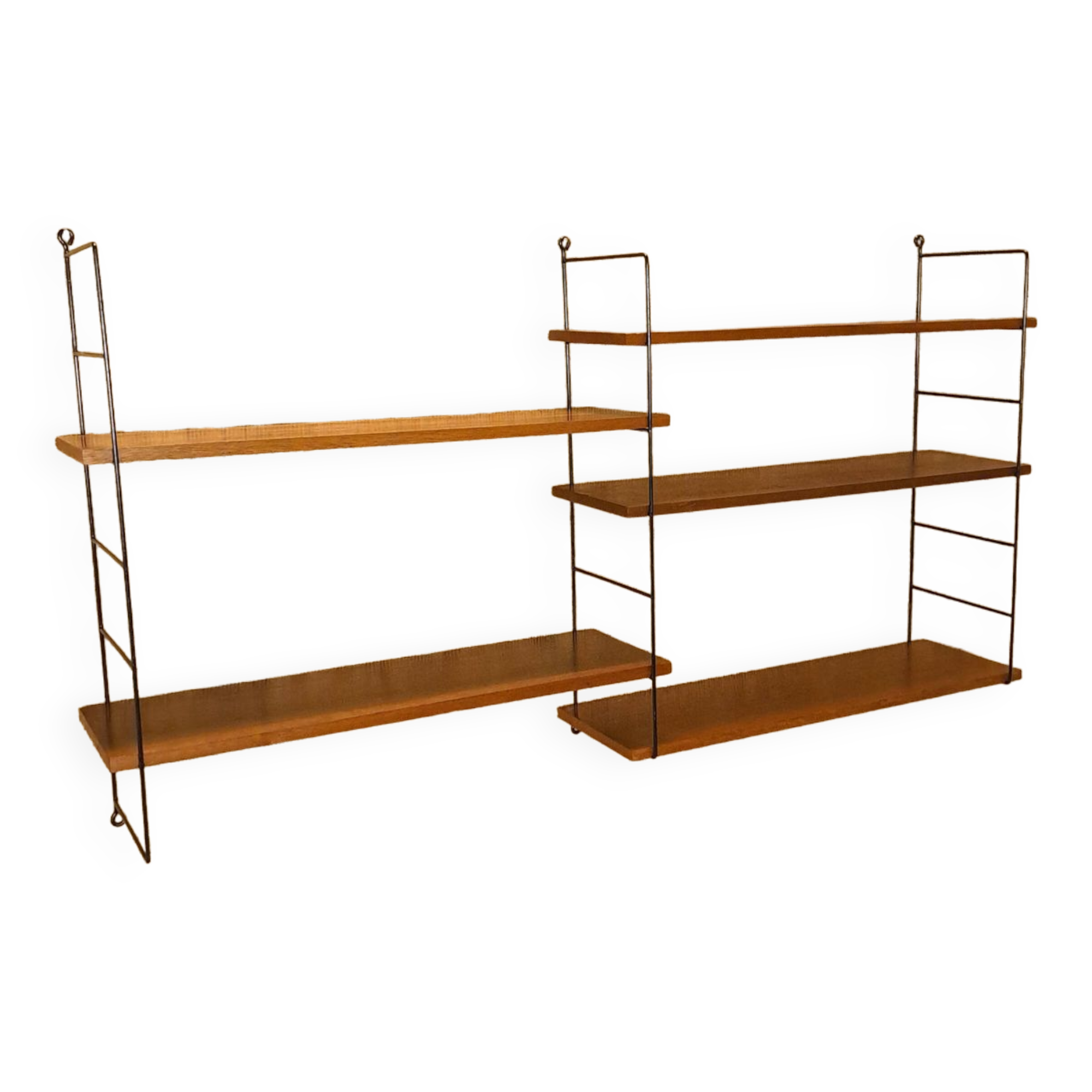 Wall rack with shelves and steel holders, dark wall system