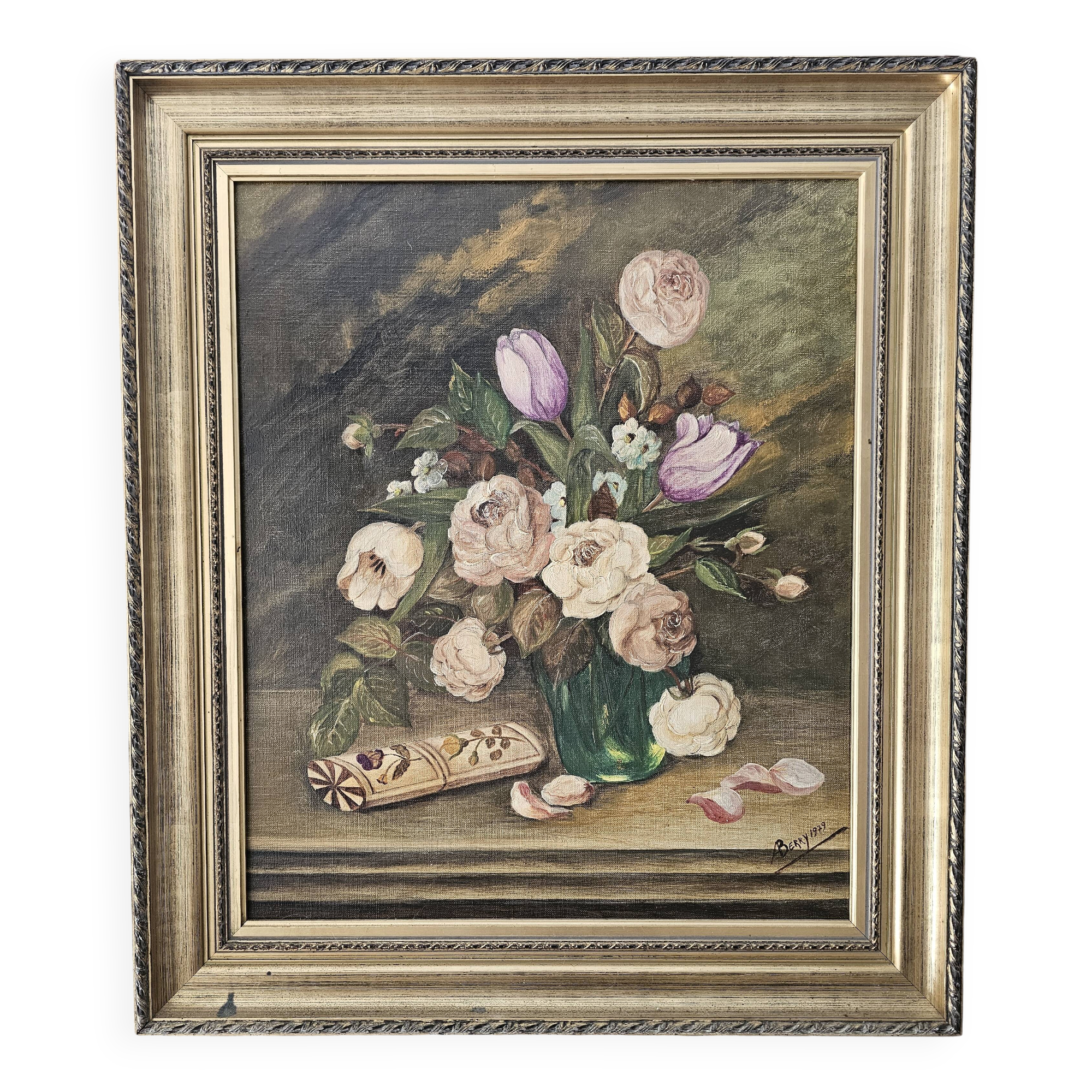 Oil on Canvas Table Old Bouquet with Glasses Case Signed Andrée Be