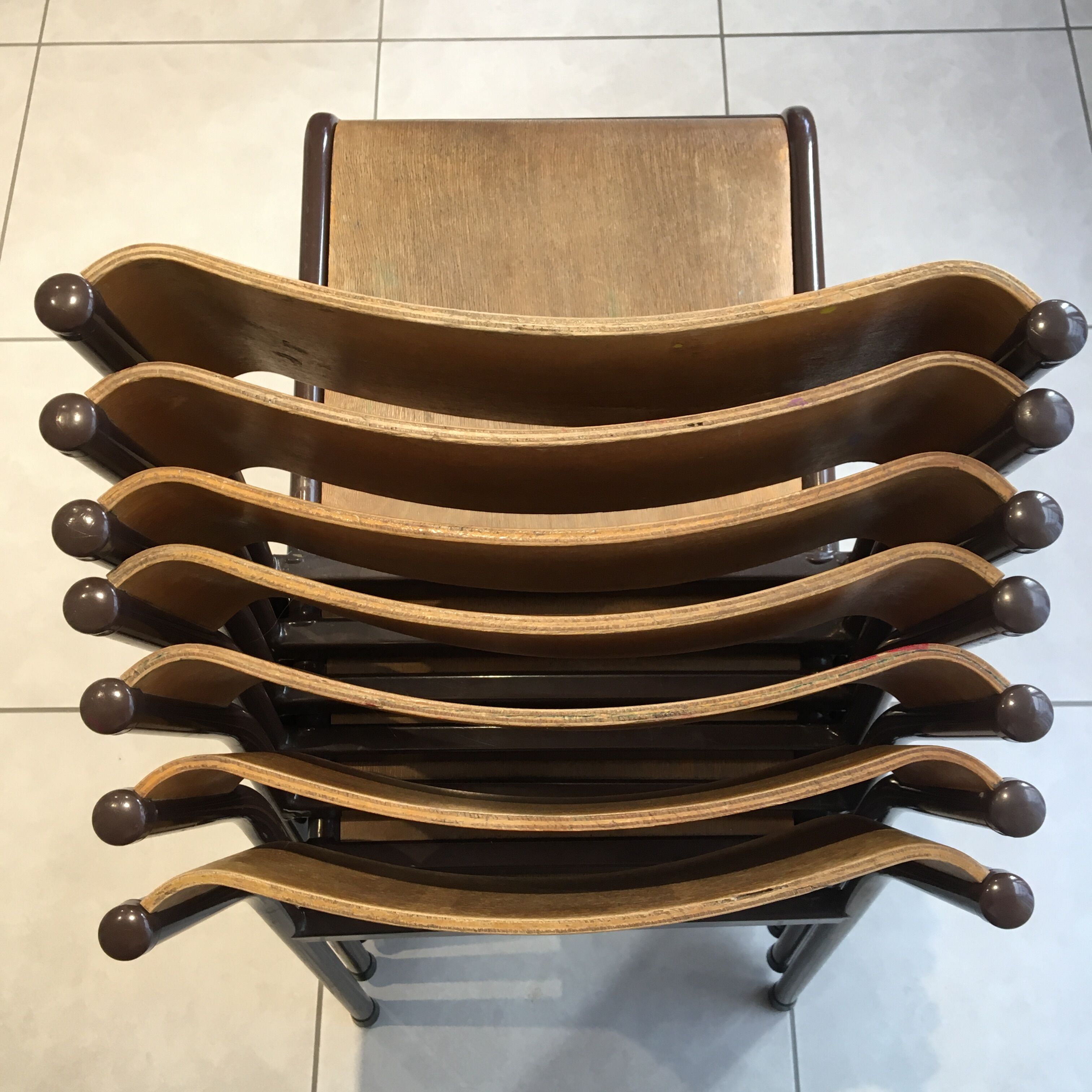 Set of 7 curved back school chairs