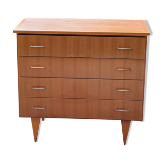 Vintage chest of drawers from the 50s/60s in golden mahogany 4 drawers feet bobbin