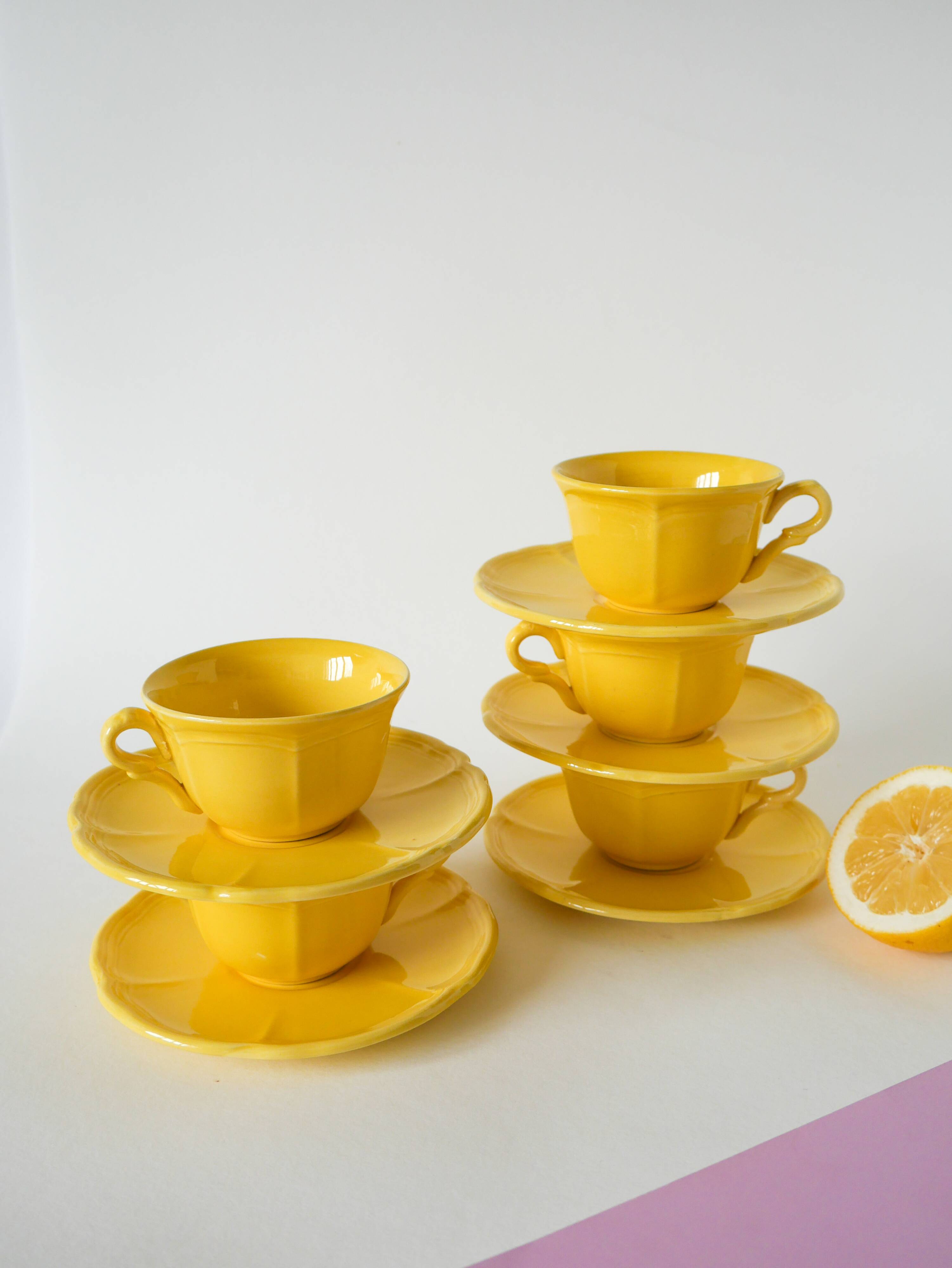 Set of 5 Badonviller lemon yellow cups and saucers, 1960
