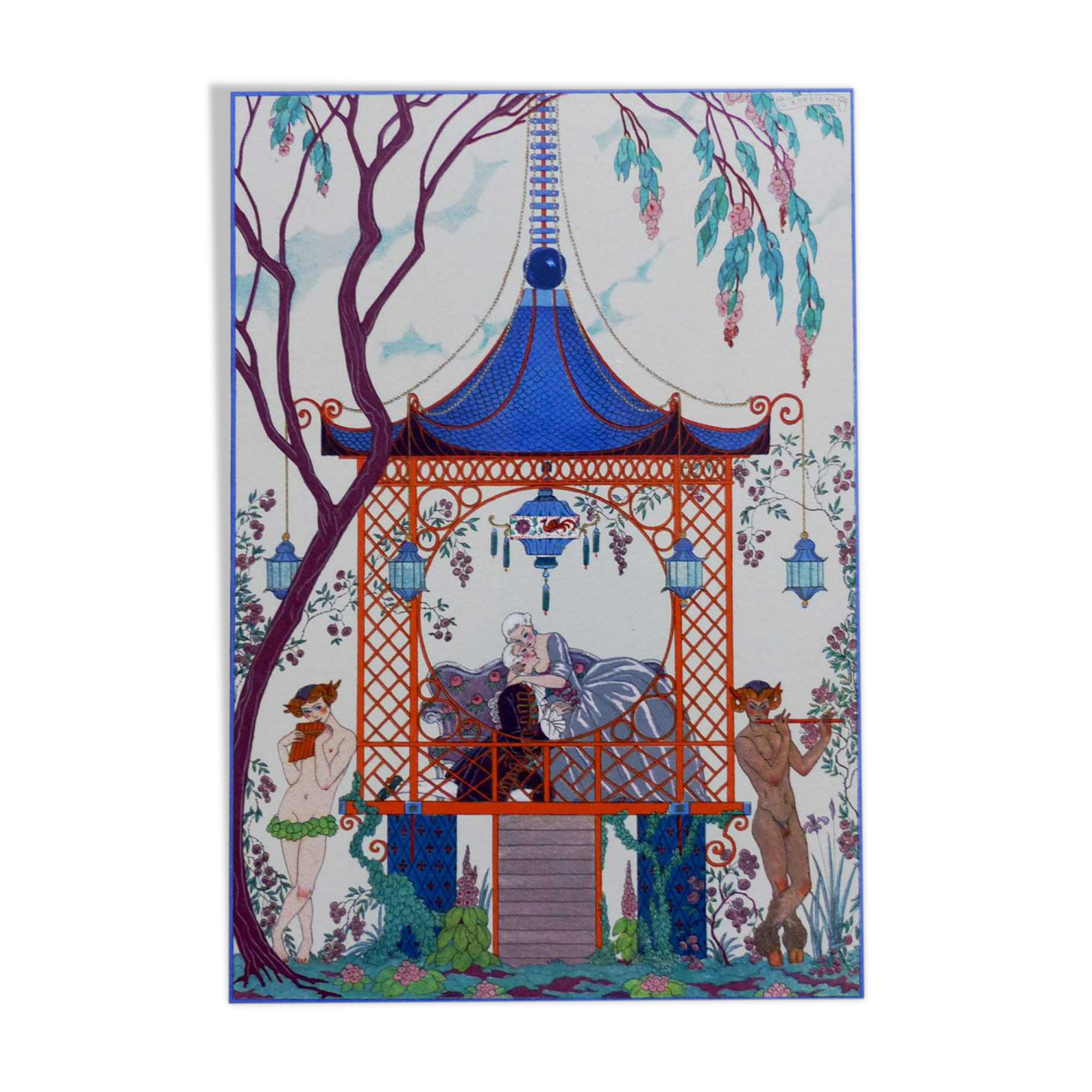Original lithograph Georges Barbier Paradise of lovers 1928