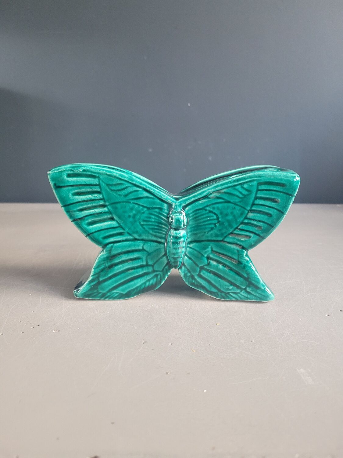 Green glazed ceramic butterfly flower frog