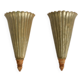 Two large, rare 1950s wall lamps made of wood with aluminum cladding