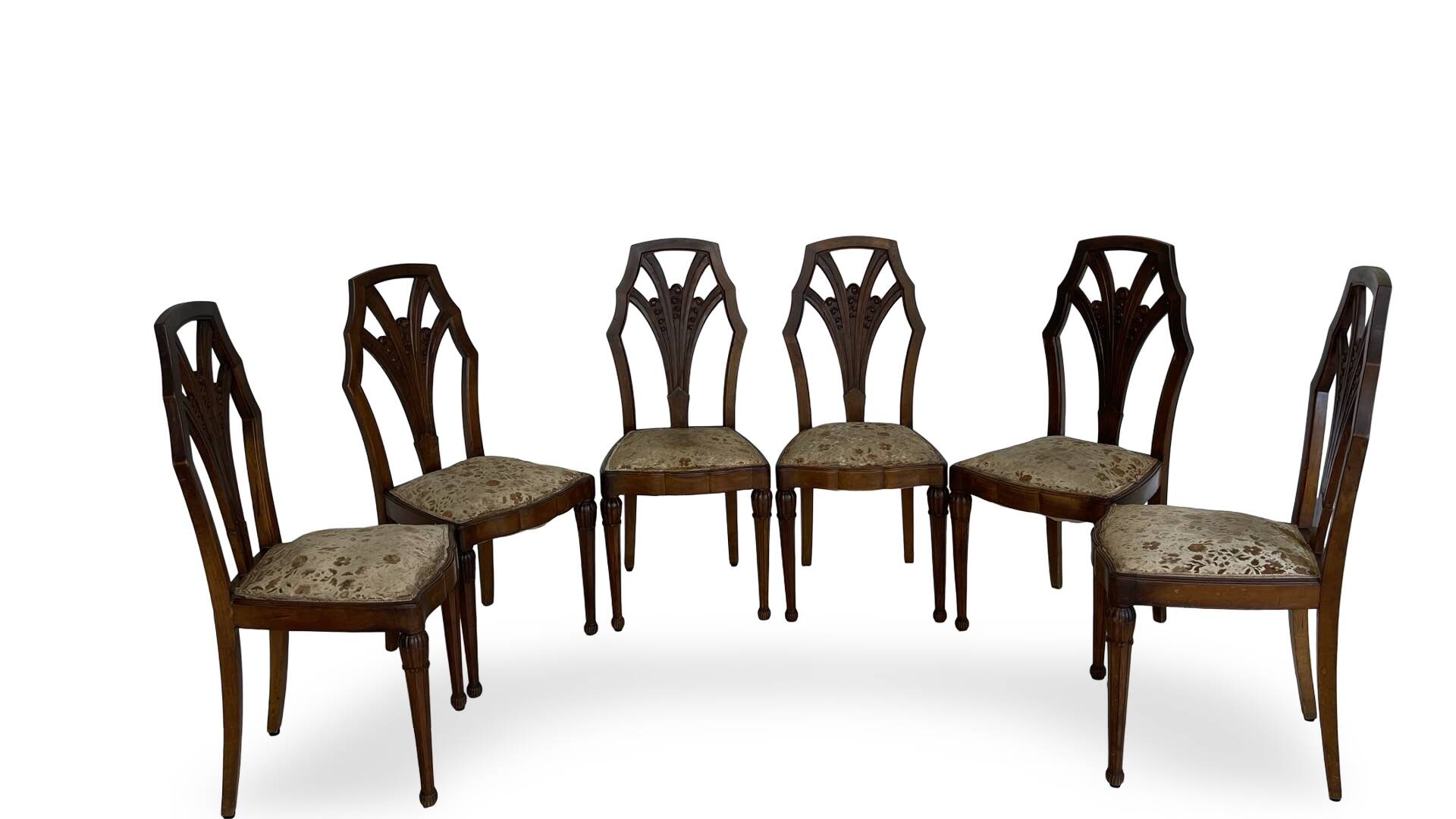 Ensemble de 6 chaises de salle à manger en noyer sculpté Art Déco, années 1920/1930