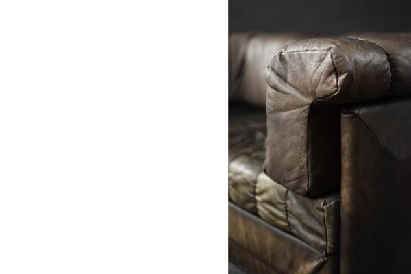 Vintage Mid-Century Modern German Brutalist 2-Seater Brown Leather Bed Sofa