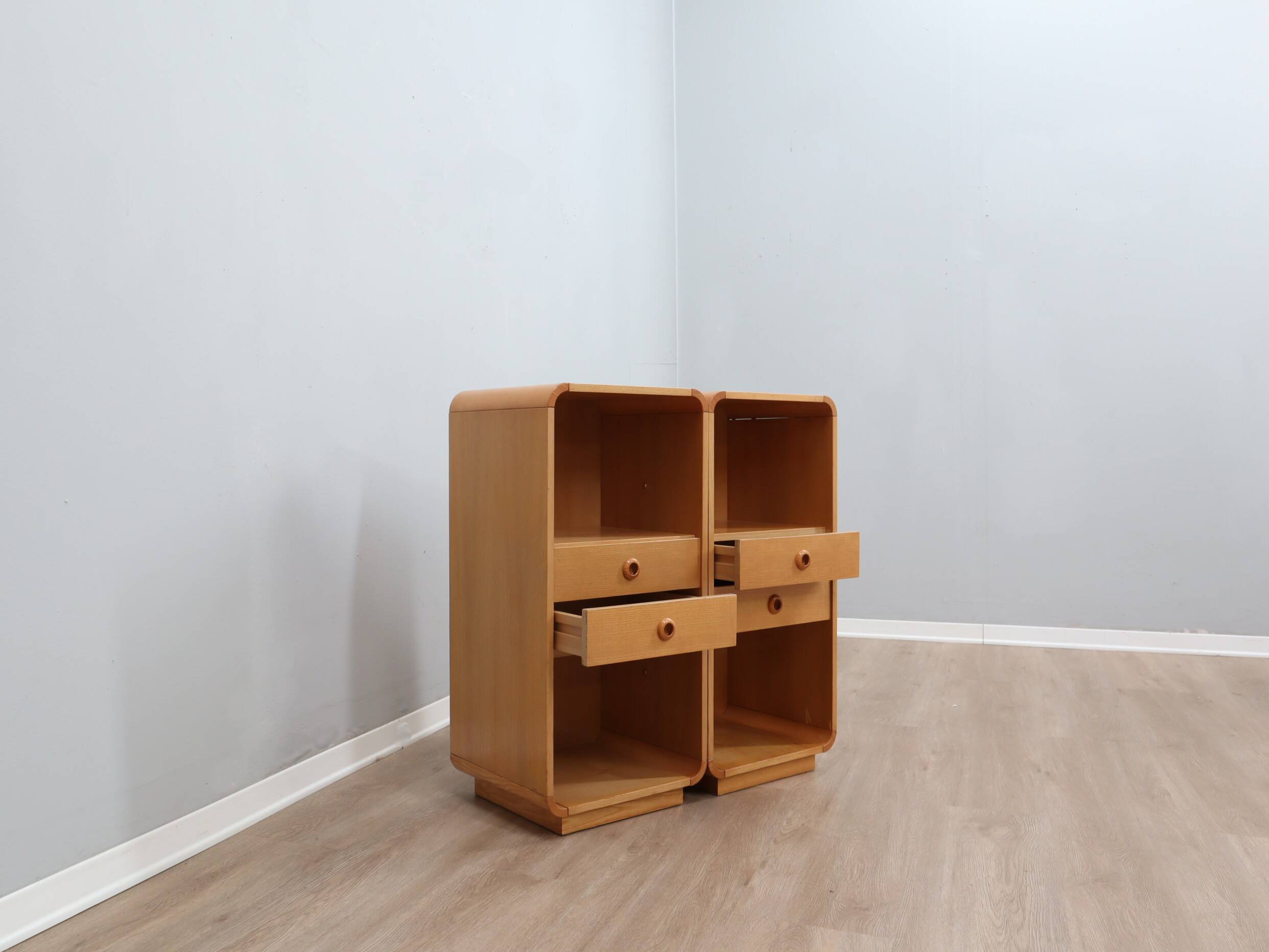 Pair of tall vintage birch wood bedside tables / entryway console 1970s