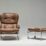 Swedish Lounge Chair and Ottoman in Chrome and Brown Leather by Scapa Rydaholm, 1960s, Set of 2
