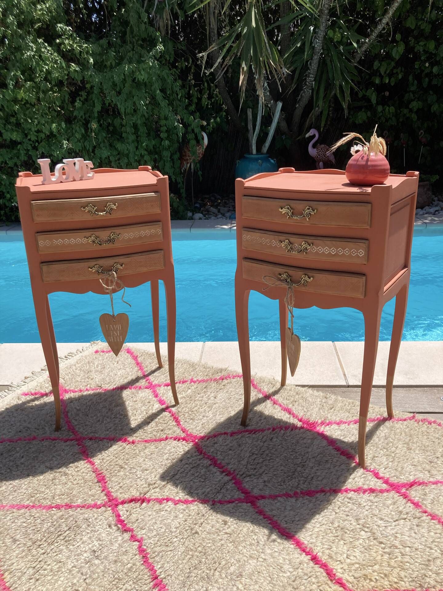 Pair of revamped bohemian / berber bedside tables with the heart "life is beautiful"