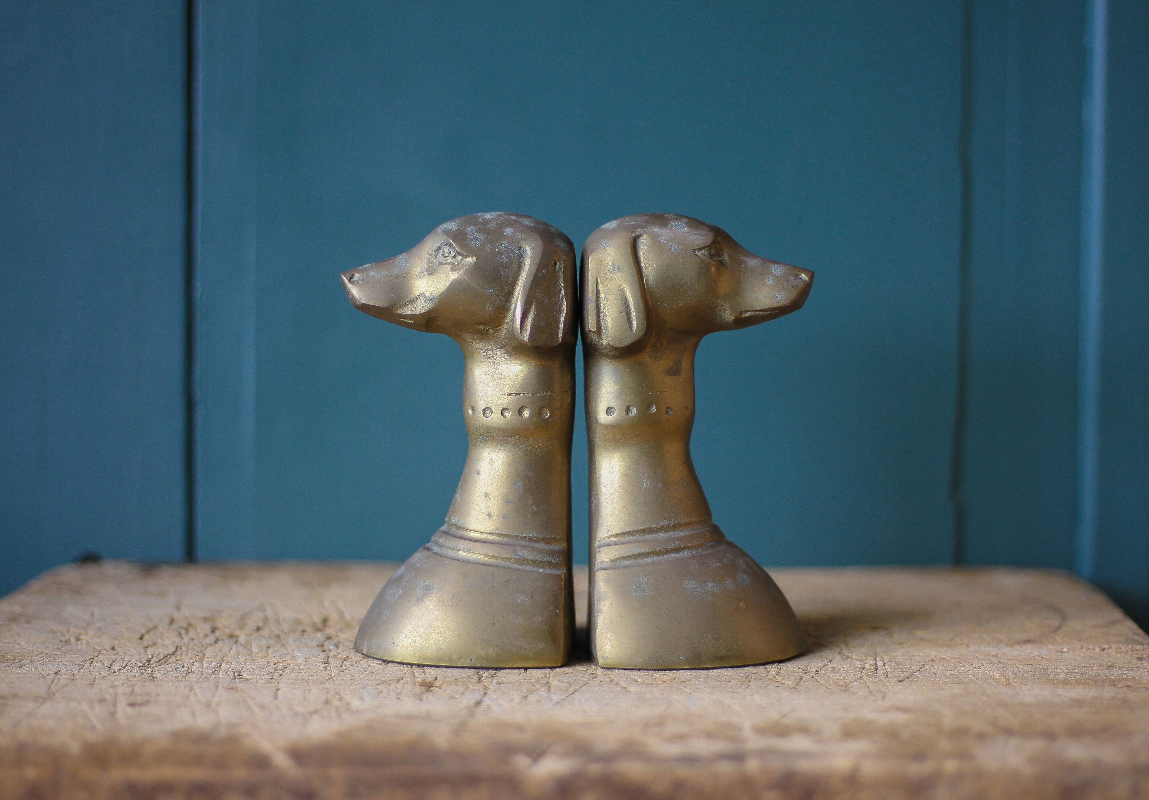 Vintage brass dog head bookends, brass greyhound animals, paperweight, library, office