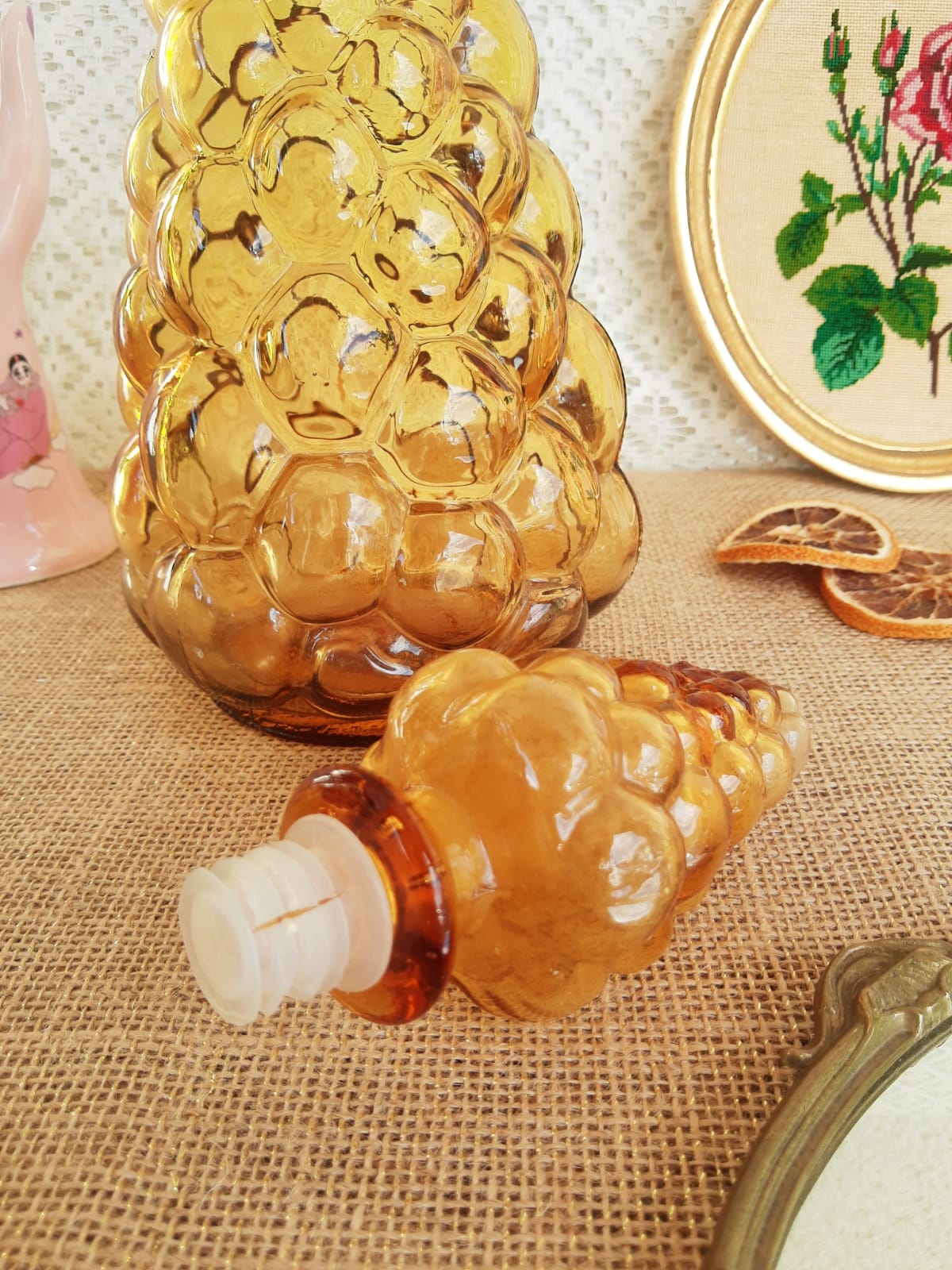 Italian decanter made of amber yellow empoli glass grape-shaped bubbles - vintage