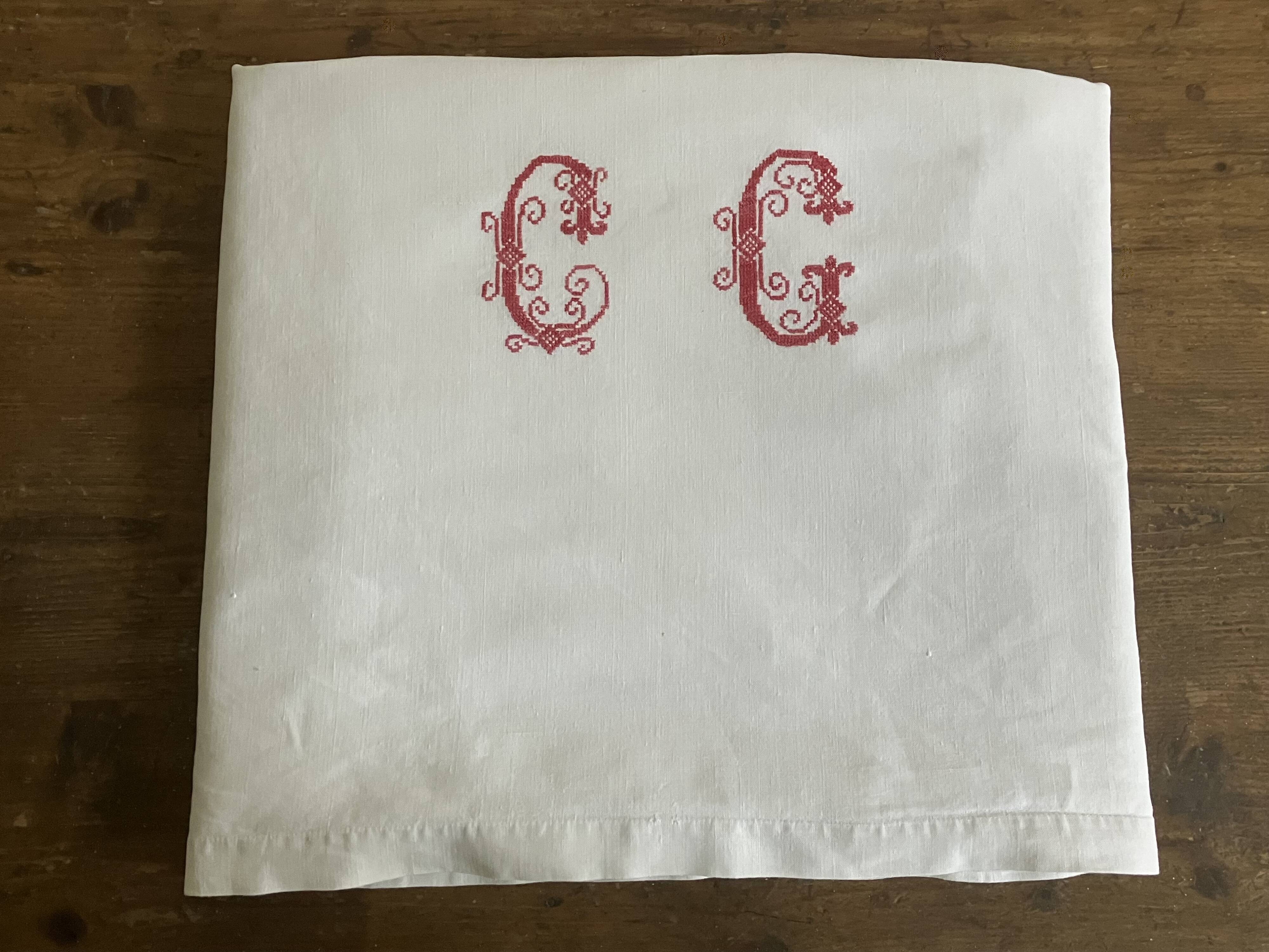 Antique linen, embroidered sheet, monogram CG.