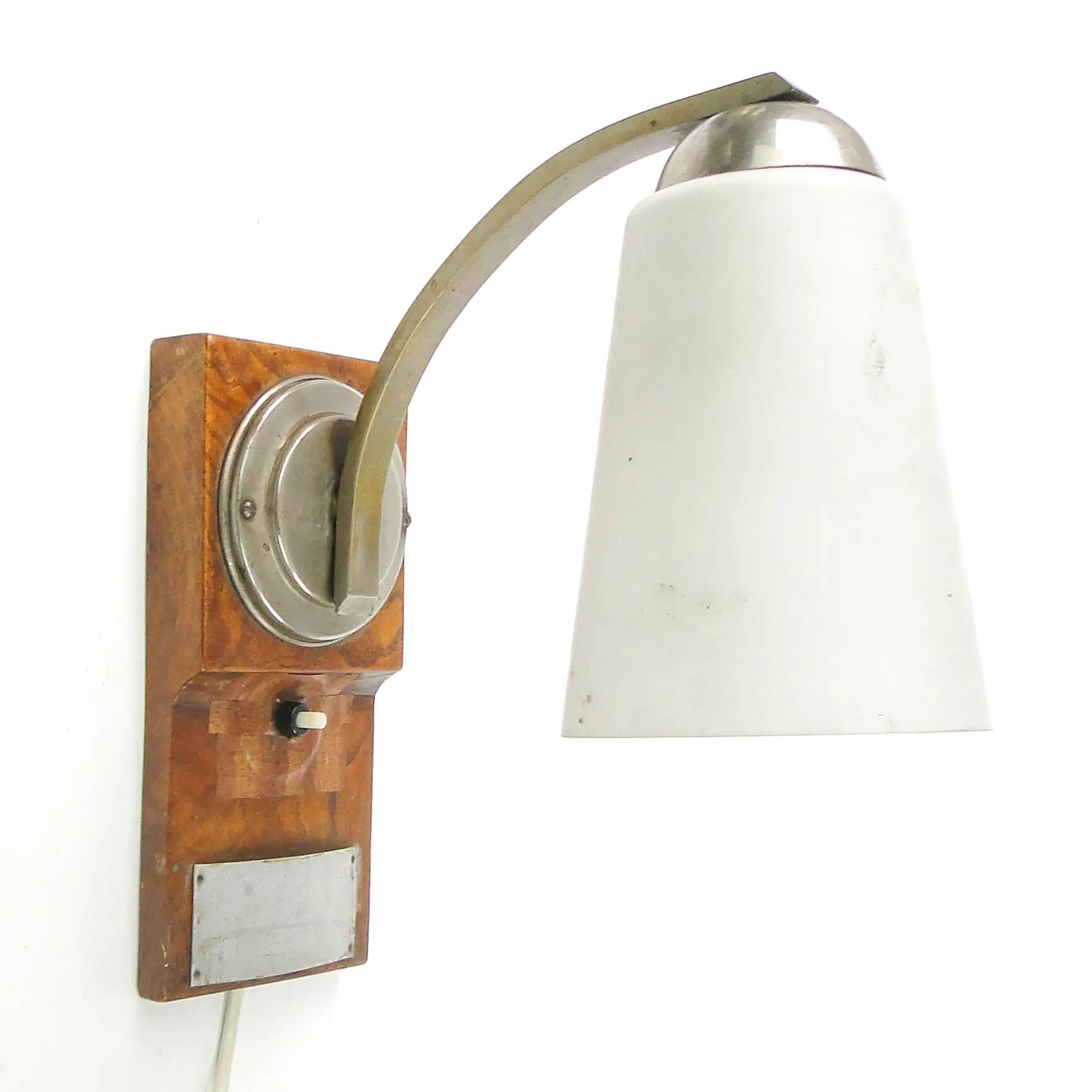 Art Deco wall lamp, nickel-plated brass, walnut wood, Czechoslovakia, 1950s
