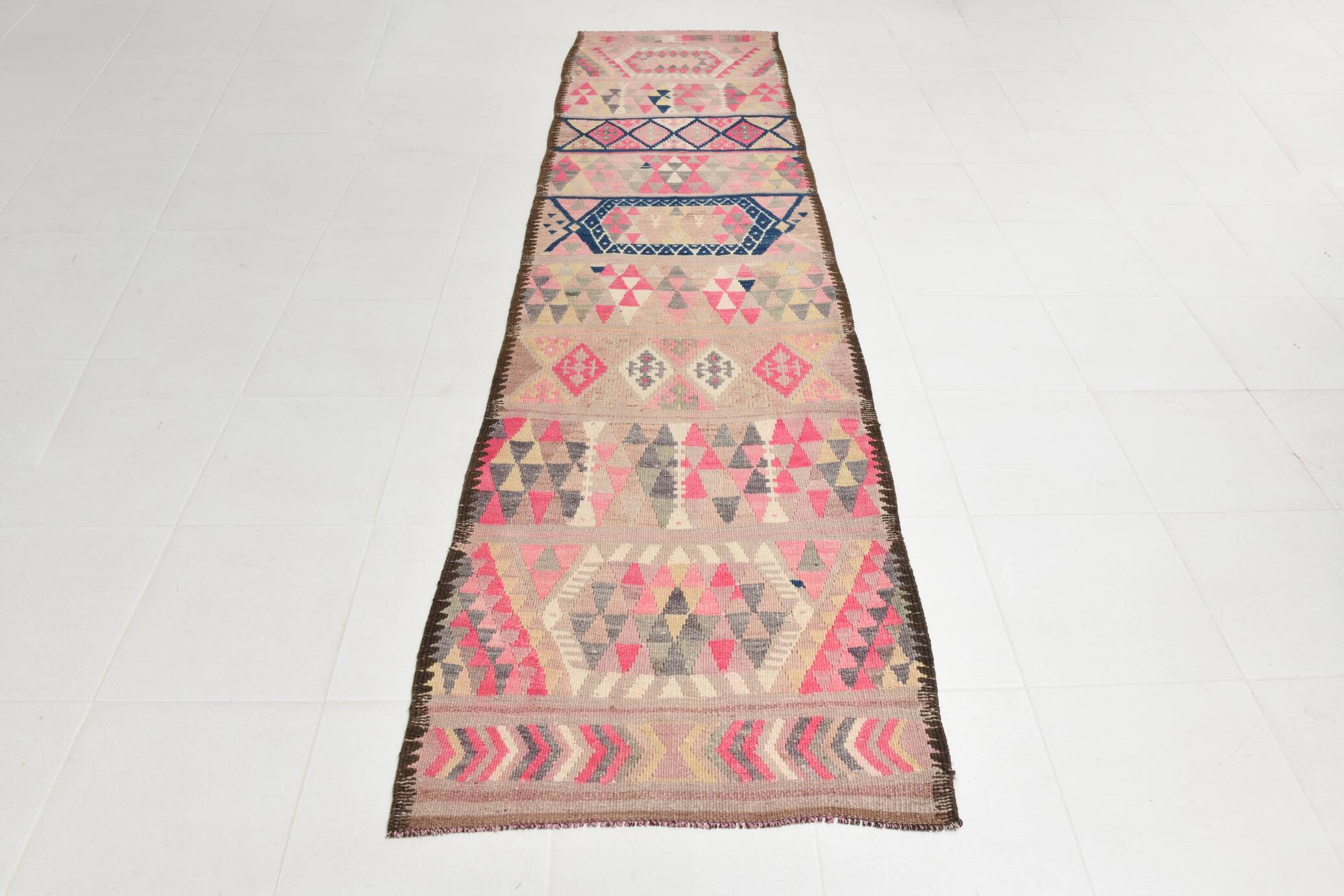 Pink & Navy Blue. Turkish Runner Rug, 90x350Cm