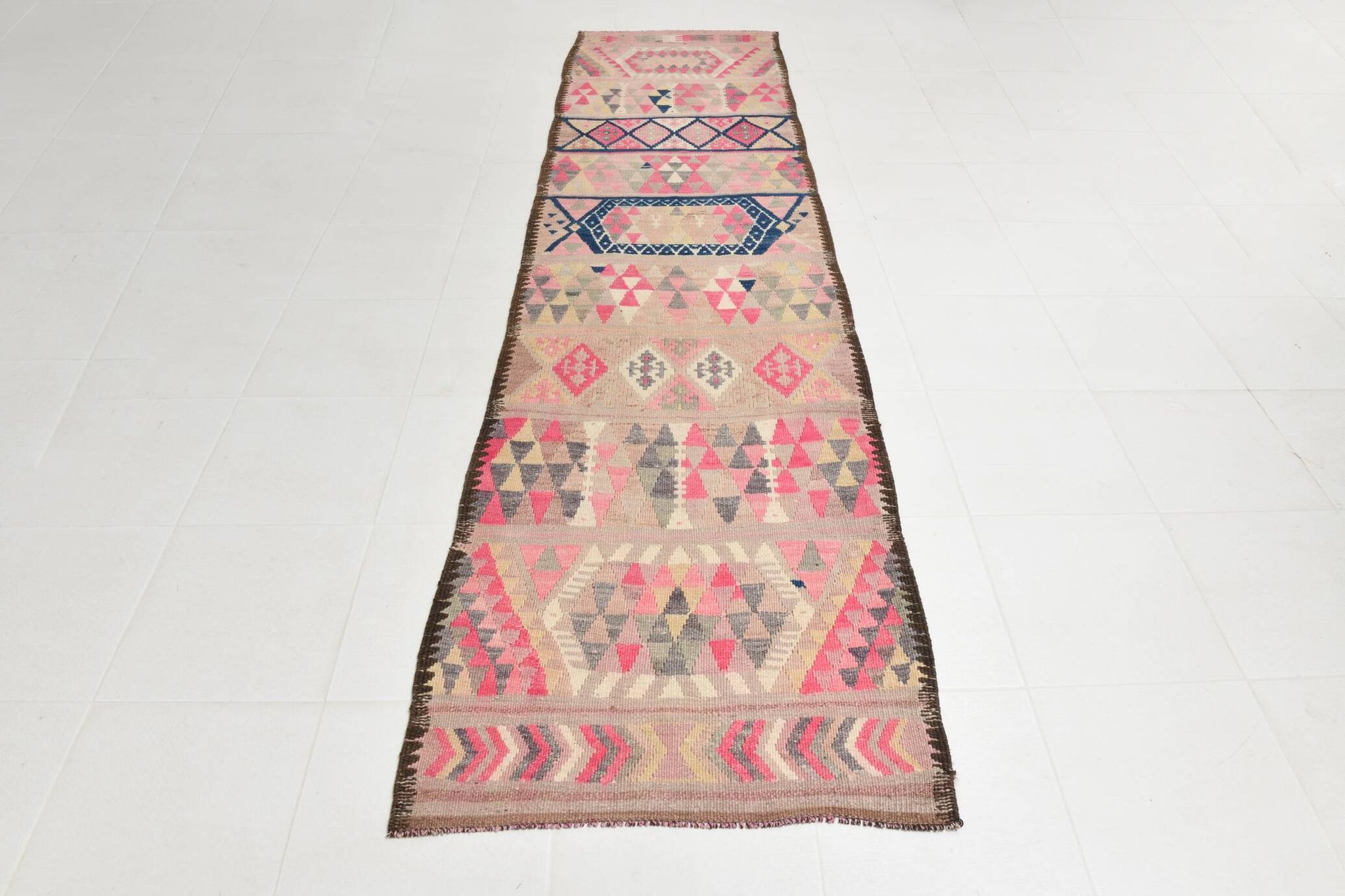 Pink & Navy Blue. Turkish Runner Rug, 90x350Cm