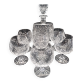 Carafe and 6 hand-cut crystal cognac glasses. 60s .