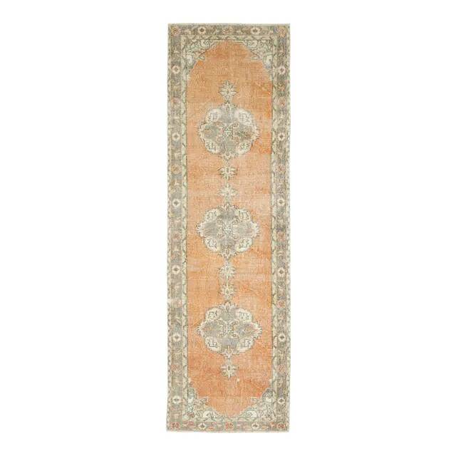 Vintage Turkish Oushak Handmade Wool Cotton Orange Runner Rug 101x339