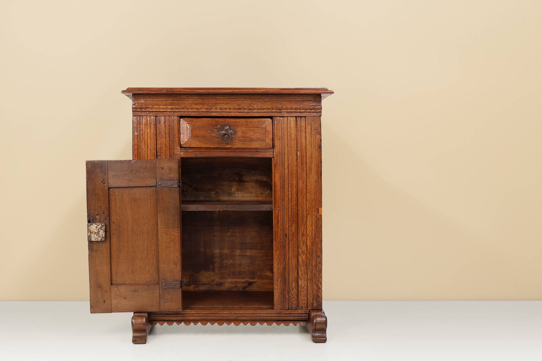 16th Century Belgian hand carved single door cabinet in full oak