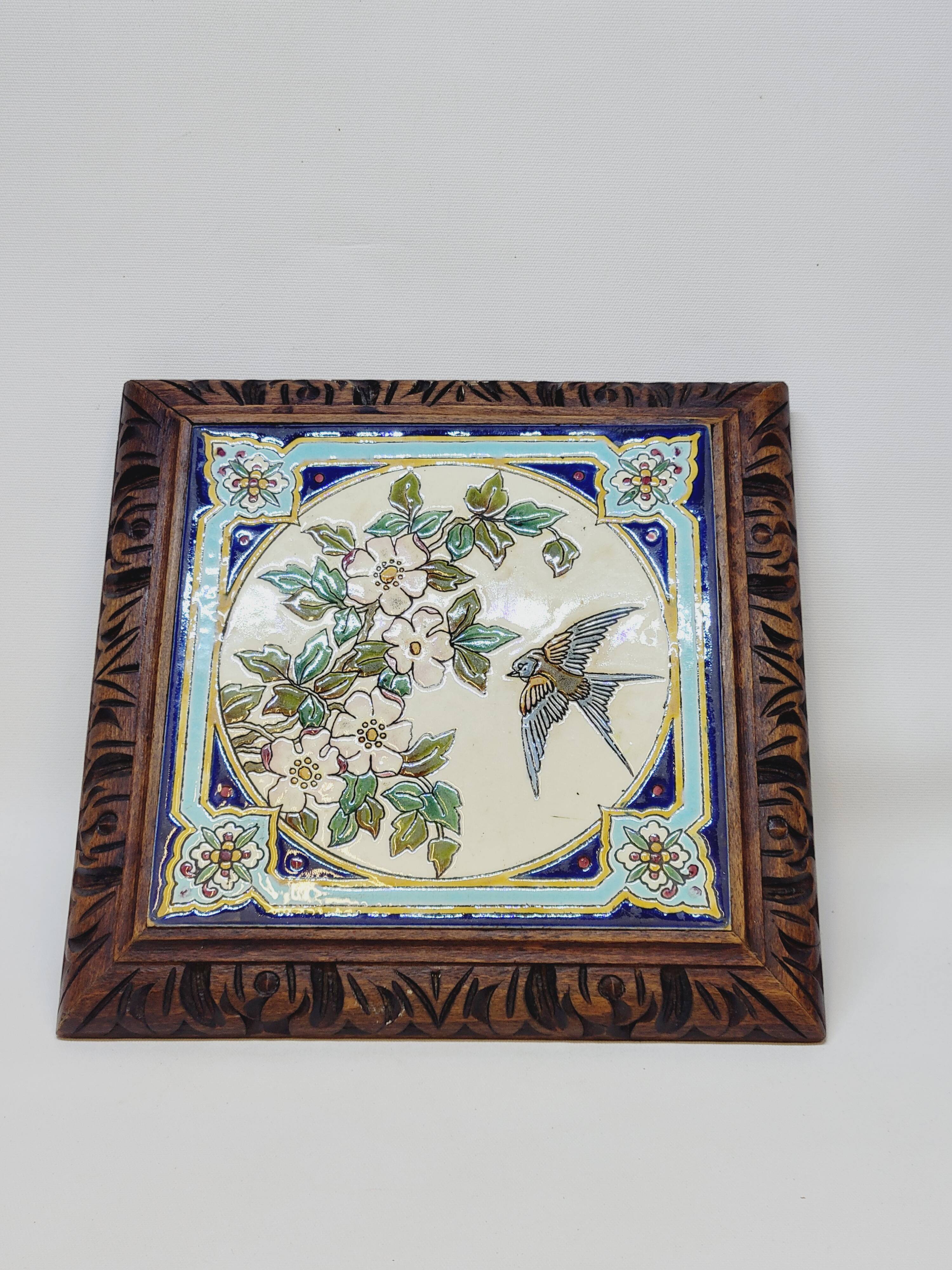 Longwy Trivet with Doorbell, Glazed Earthenware Tile and Wooden Frame