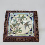 Longwy Trivet with Doorbell, Glazed Earthenware Tile and Wooden Frame