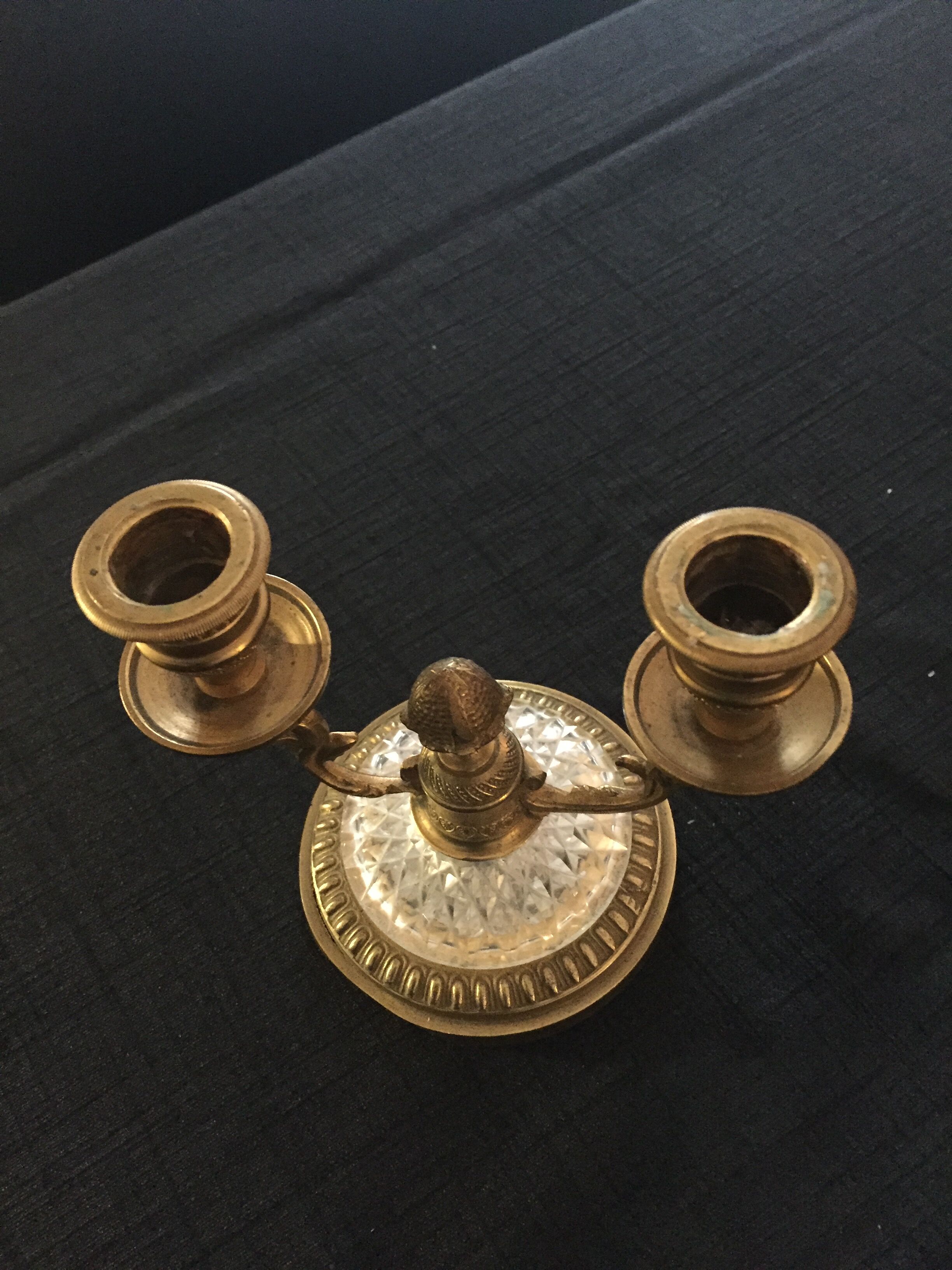 Double bronze and glass double candlestick