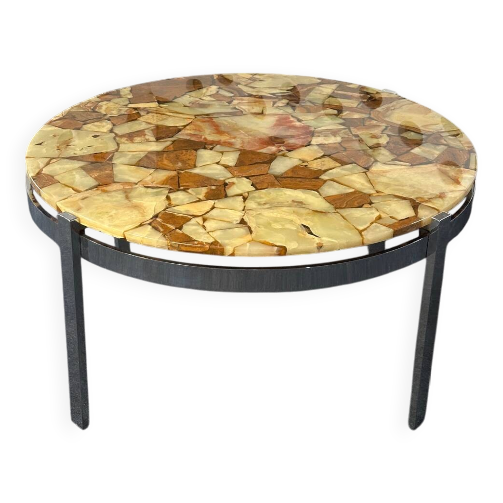 Round coffee table in onyx-like resin and chrome-plated metal, 1970s