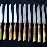 Box of 12 antique cheese or dessert knives in steel and bovine horn