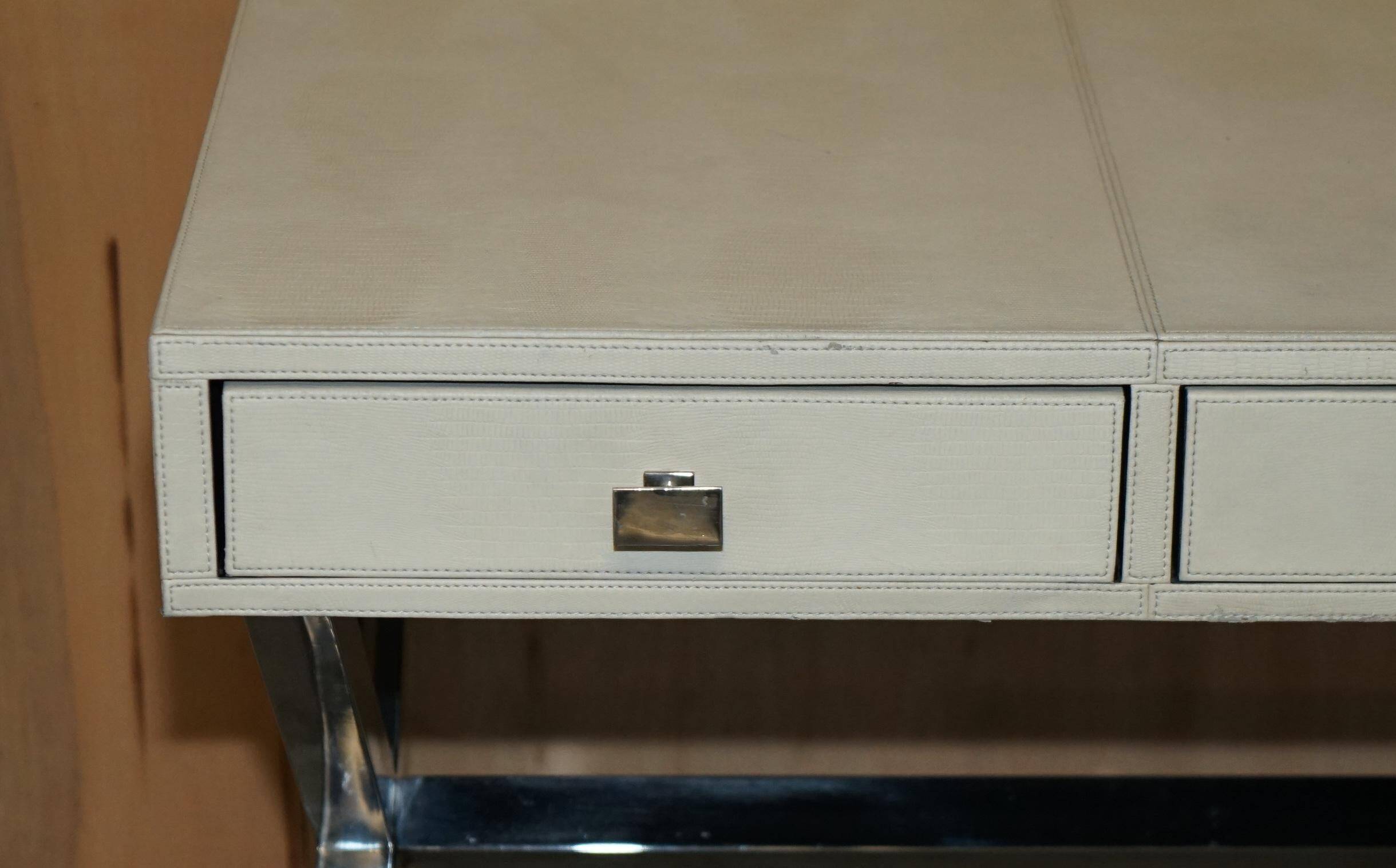 Vintage writing desk with chrome X-shaped top and patinated crocodile leather.