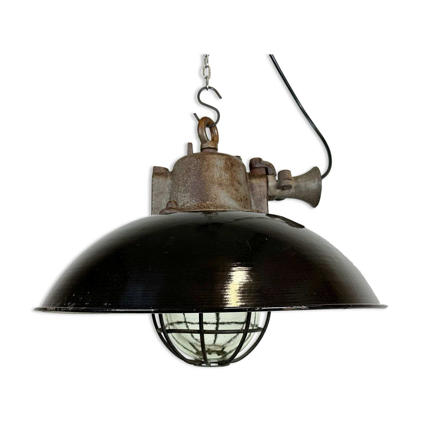 Black enamel and cast iron industrial cage pendant light, 1950s