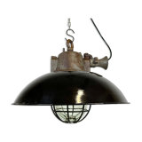 Black enamel and cast iron industrial cage pendant light, 1950s
