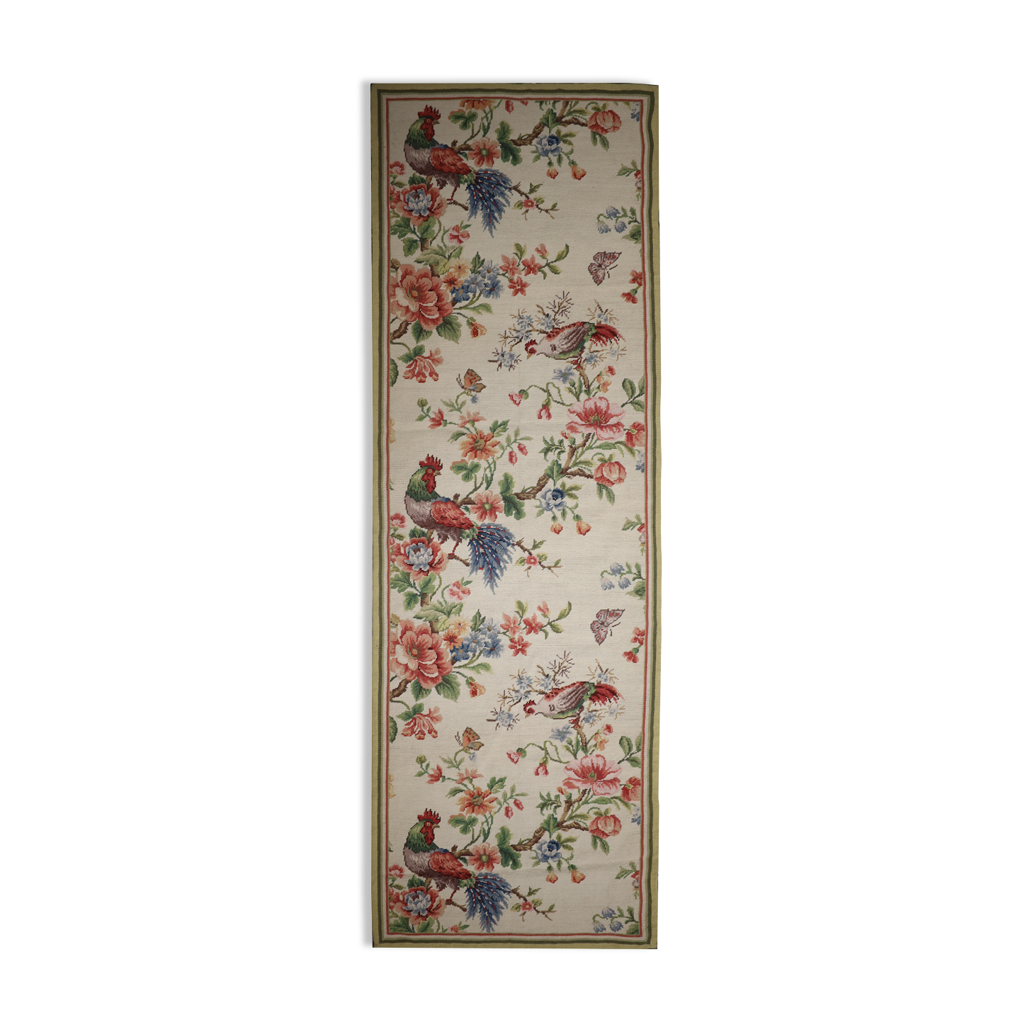 Traditional English Style Chinese Needlepoint Rug Handwoven Cream Green Wool Rug-76x243cm