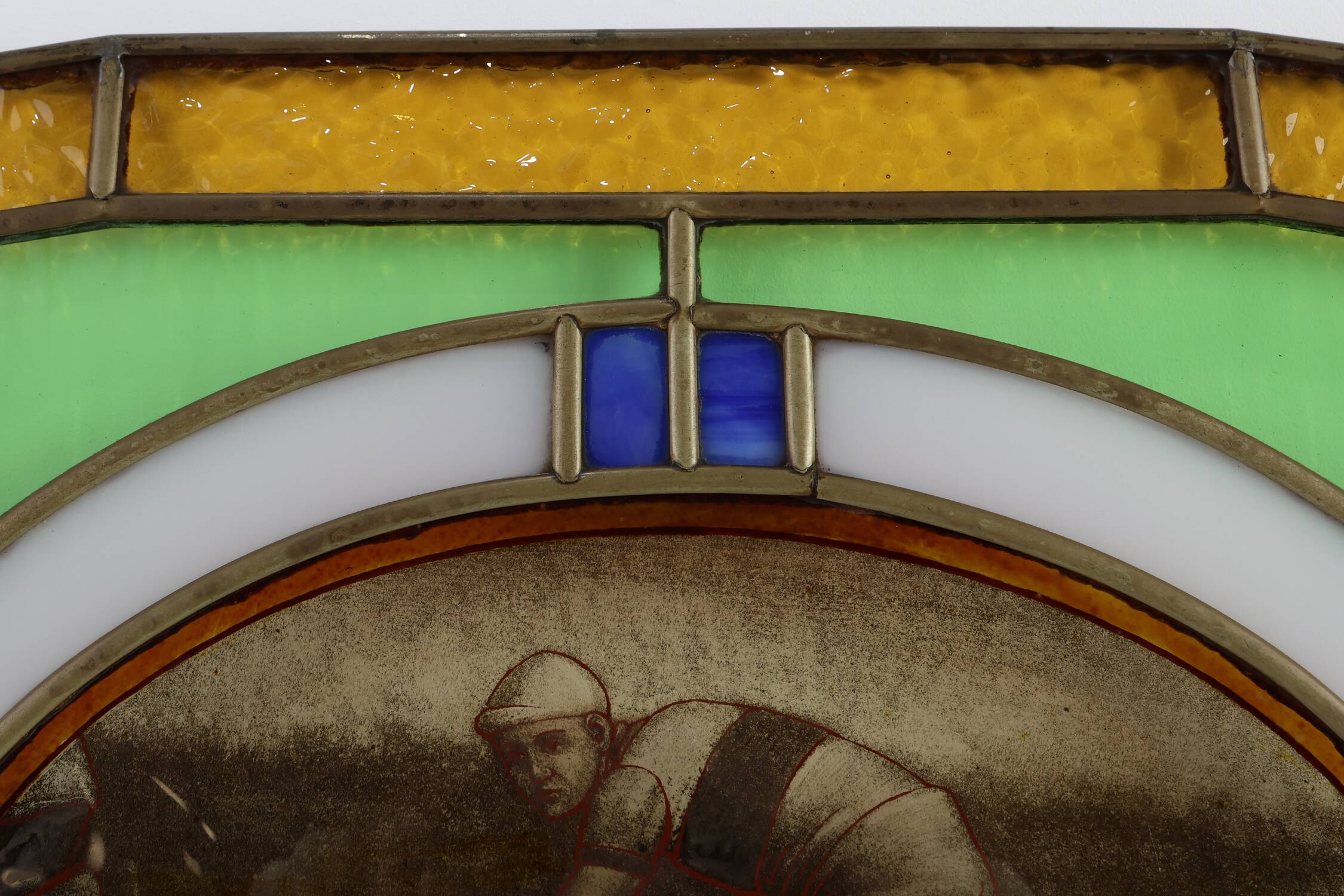 Art Deco Stained Glass Panel Depicting Cyclists in Motion, Belgium ca. 1910