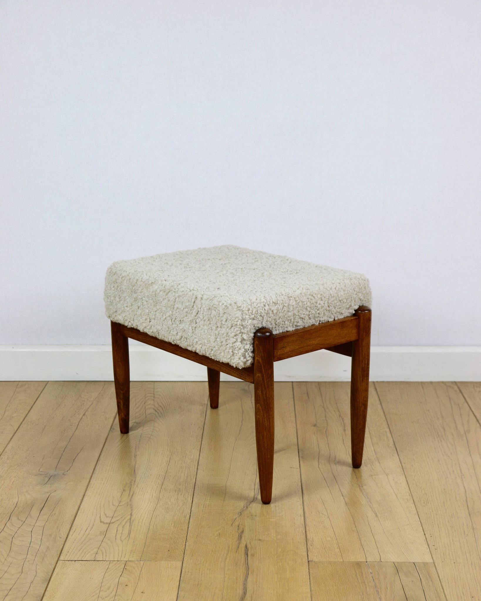 Edmund Homa stool, cream ivory beige boucle seat, long pile lamb