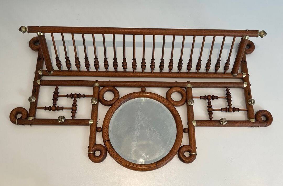 Curved Wooden and Brass Wall Coat Rack, Arts & Crafts, Austria, glass