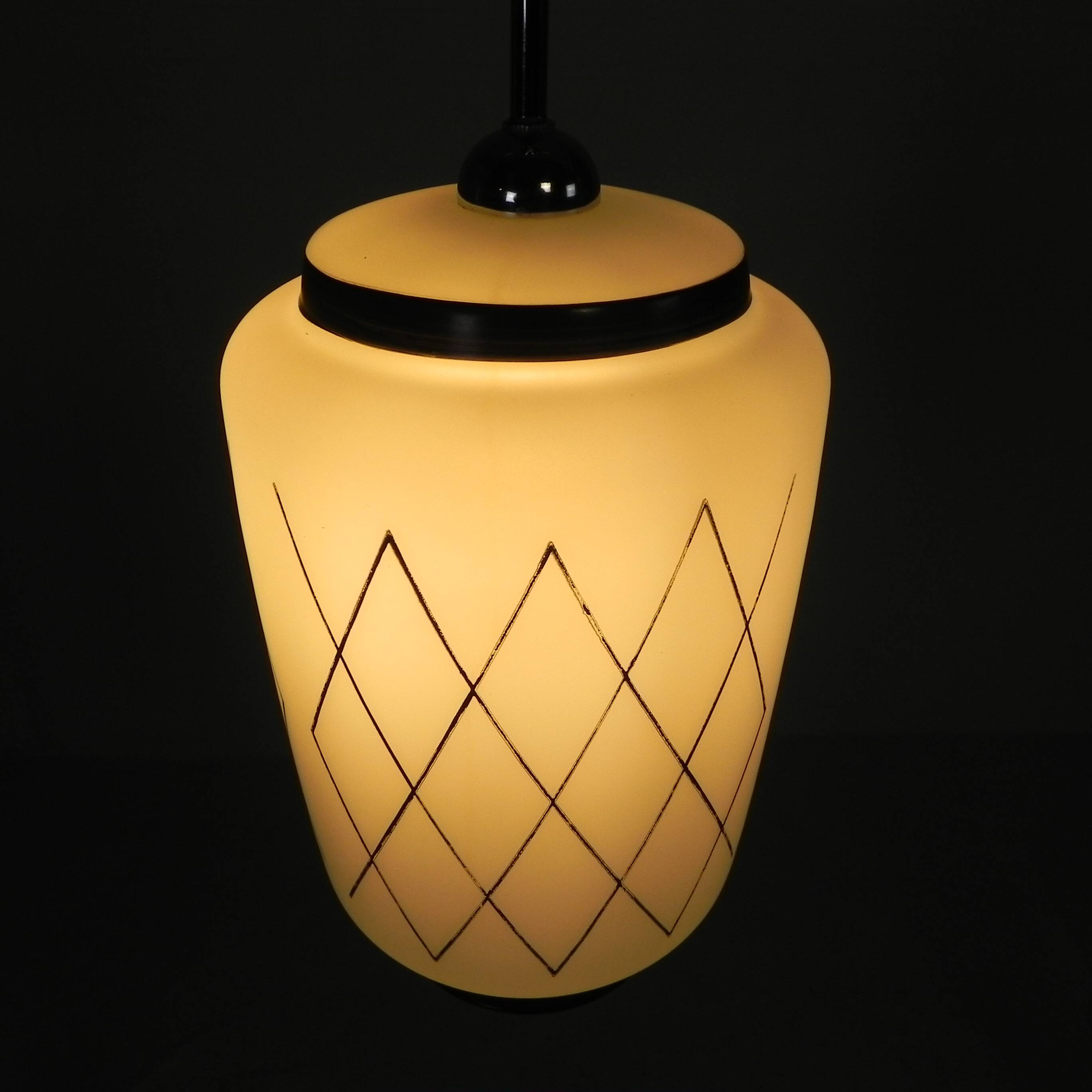 Vintage suspension with opaline lampshade and black decoration, 1950s.