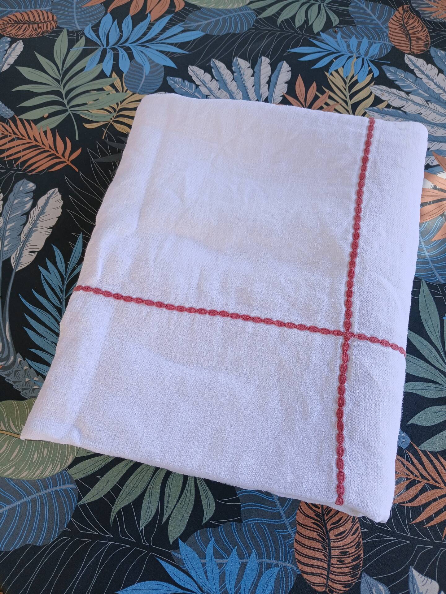 Vintage white linen tablecloth