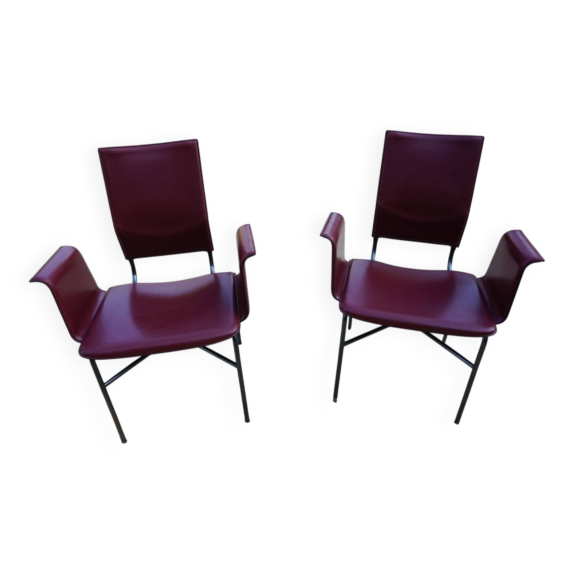 Ross Littell for Matteo Grassi Armchairs Bordeaux Leather & Steel, set of 2